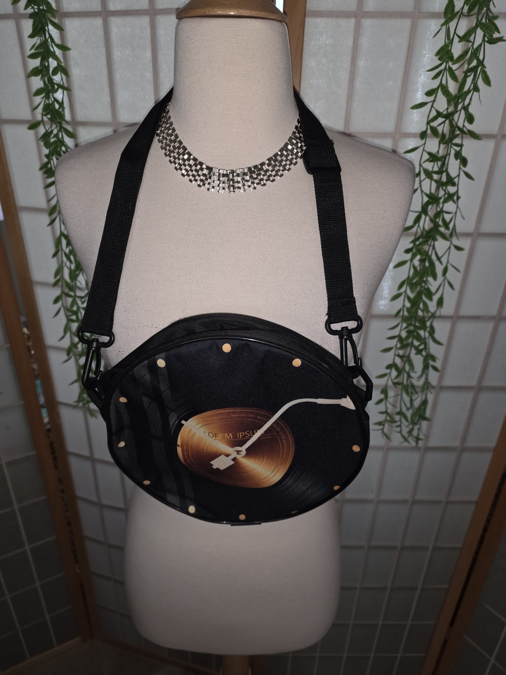 Black Crossbody Bag with Gold Vinyl Record Graphic